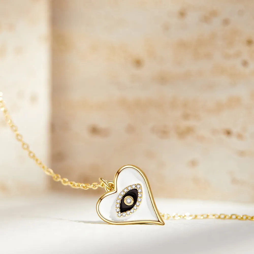 Dainty 14K Gold Layered Evil Eye Religious Necklace- Cuban Chain Heart Eye