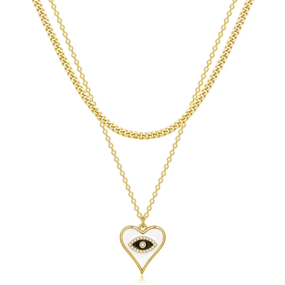 Dainty 14K Gold Layered Evil Eye Religious Necklace- Cuban Chain Heart Eye