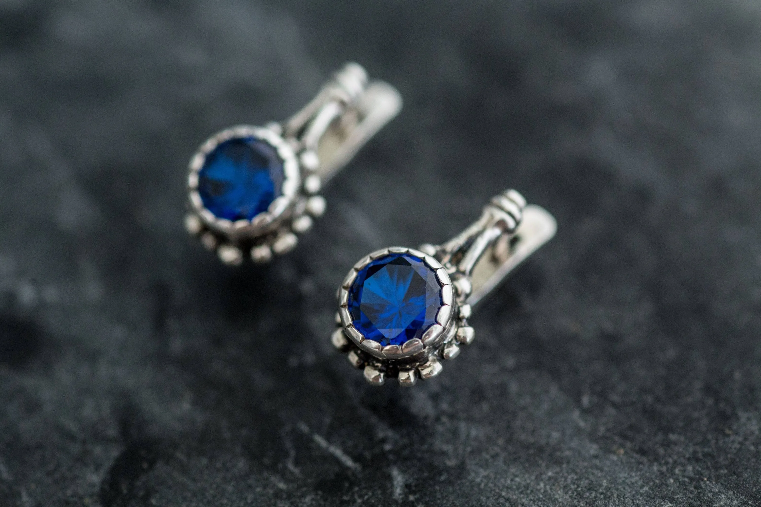 Drop Sapphire Earrings - Blue Round Earrings, Flower Sapphire Earrings