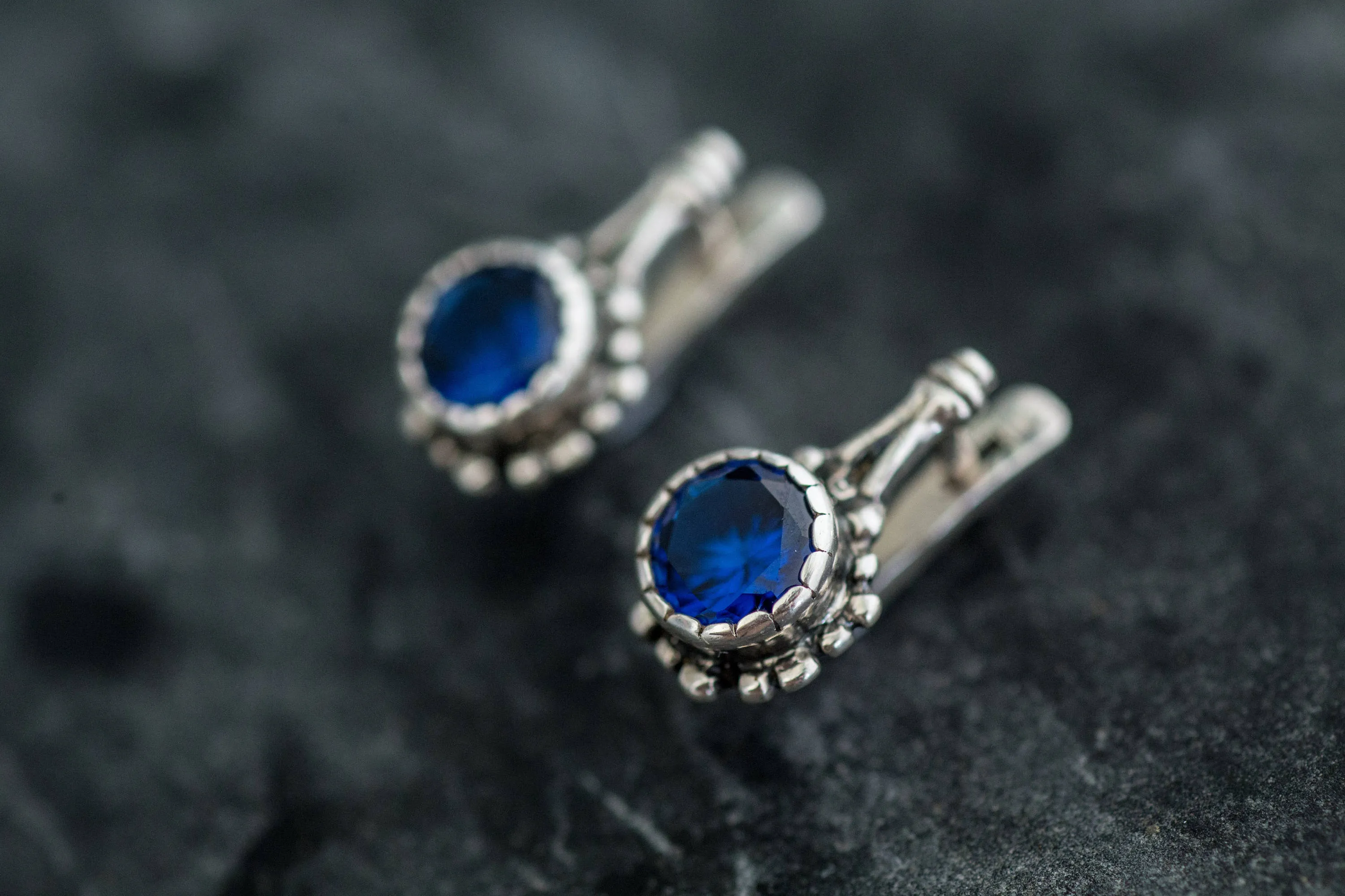 Drop Sapphire Earrings - Blue Round Earrings, Flower Sapphire Earrings