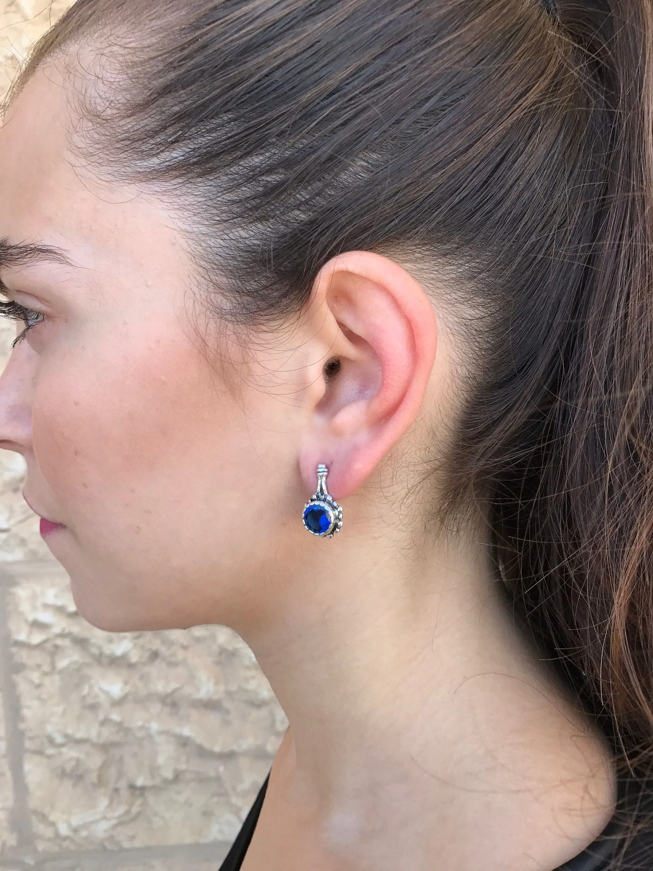 Drop Sapphire Earrings - Blue Round Earrings, Flower Sapphire Earrings