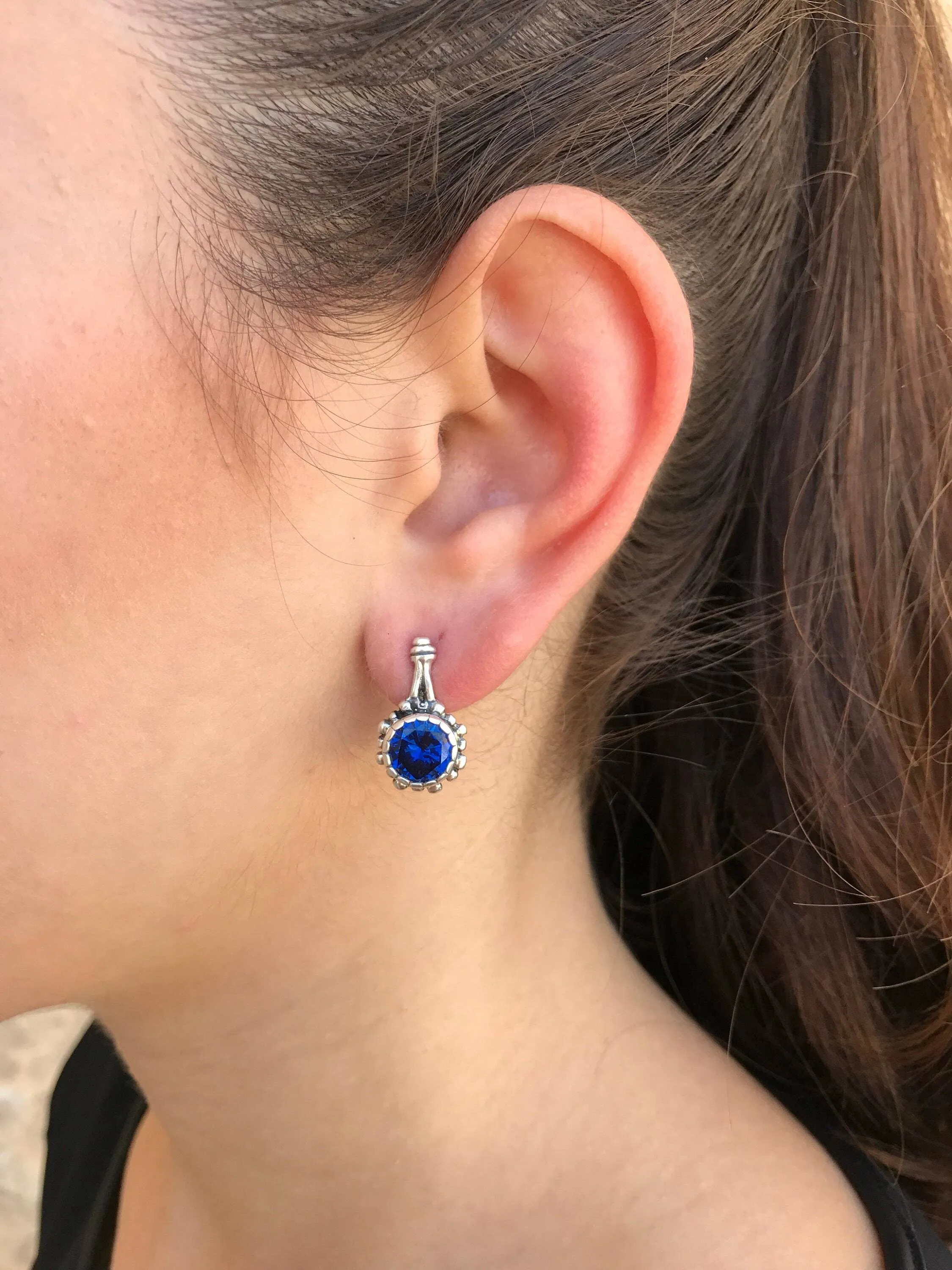 Drop Sapphire Earrings - Blue Round Earrings, Flower Sapphire Earrings