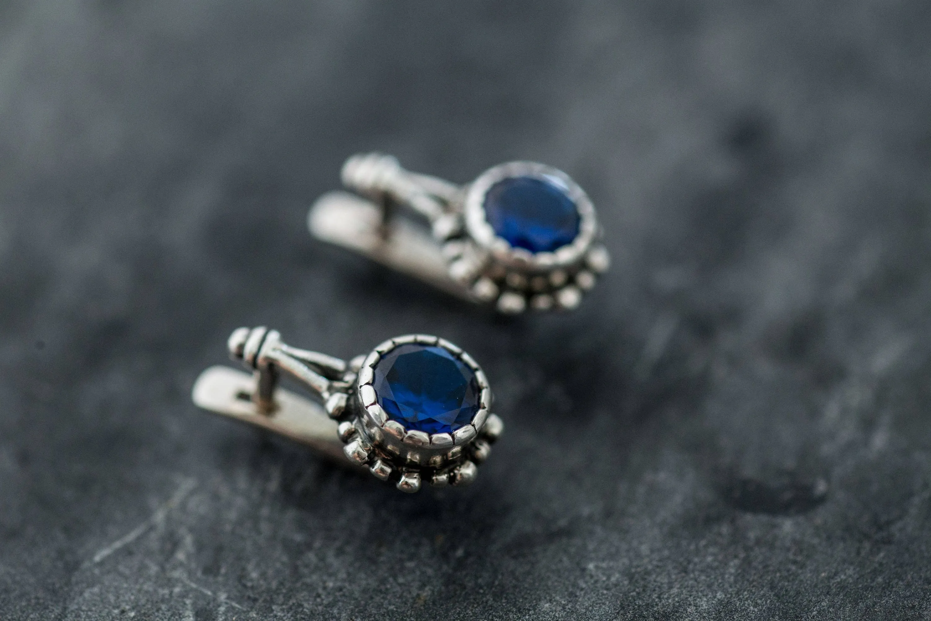 Drop Sapphire Earrings - Blue Round Earrings, Flower Sapphire Earrings