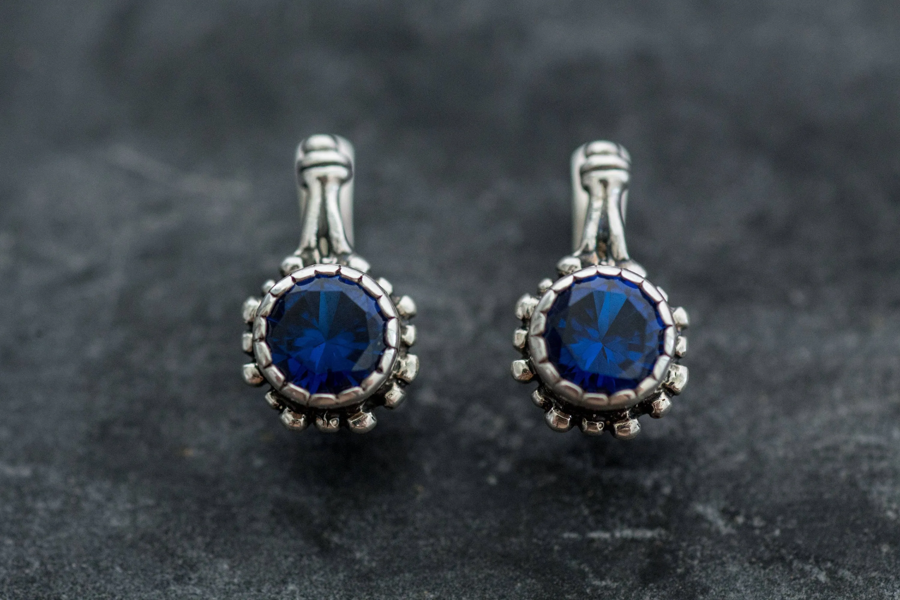 Drop Sapphire Earrings - Blue Round Earrings, Flower Sapphire Earrings