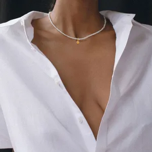 Elegant Pearl Embellished Plated Bead Pendant Choker Necklace - White