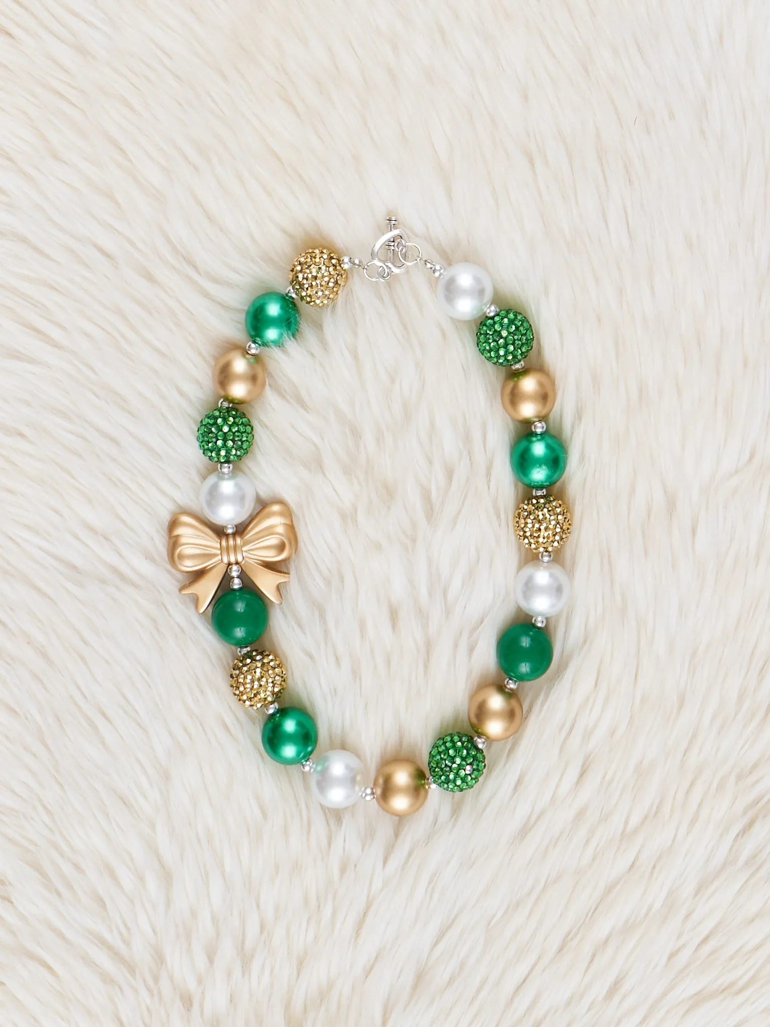 Emerald & Gold Bow Charm Bubblegum Necklace