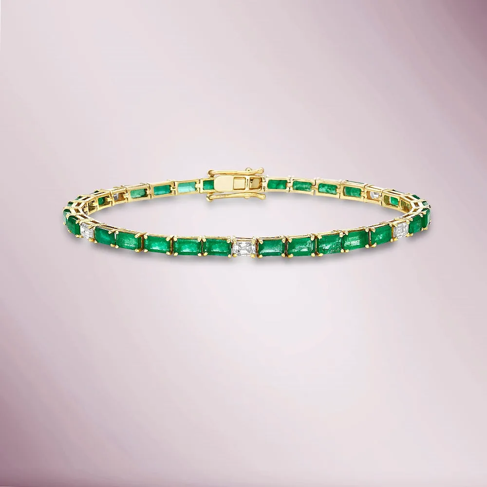 Emerald Cut Emerald & Diamond Tennis Bracelet (8.70 ct.) 4-Prongs Setting in 14K Gold