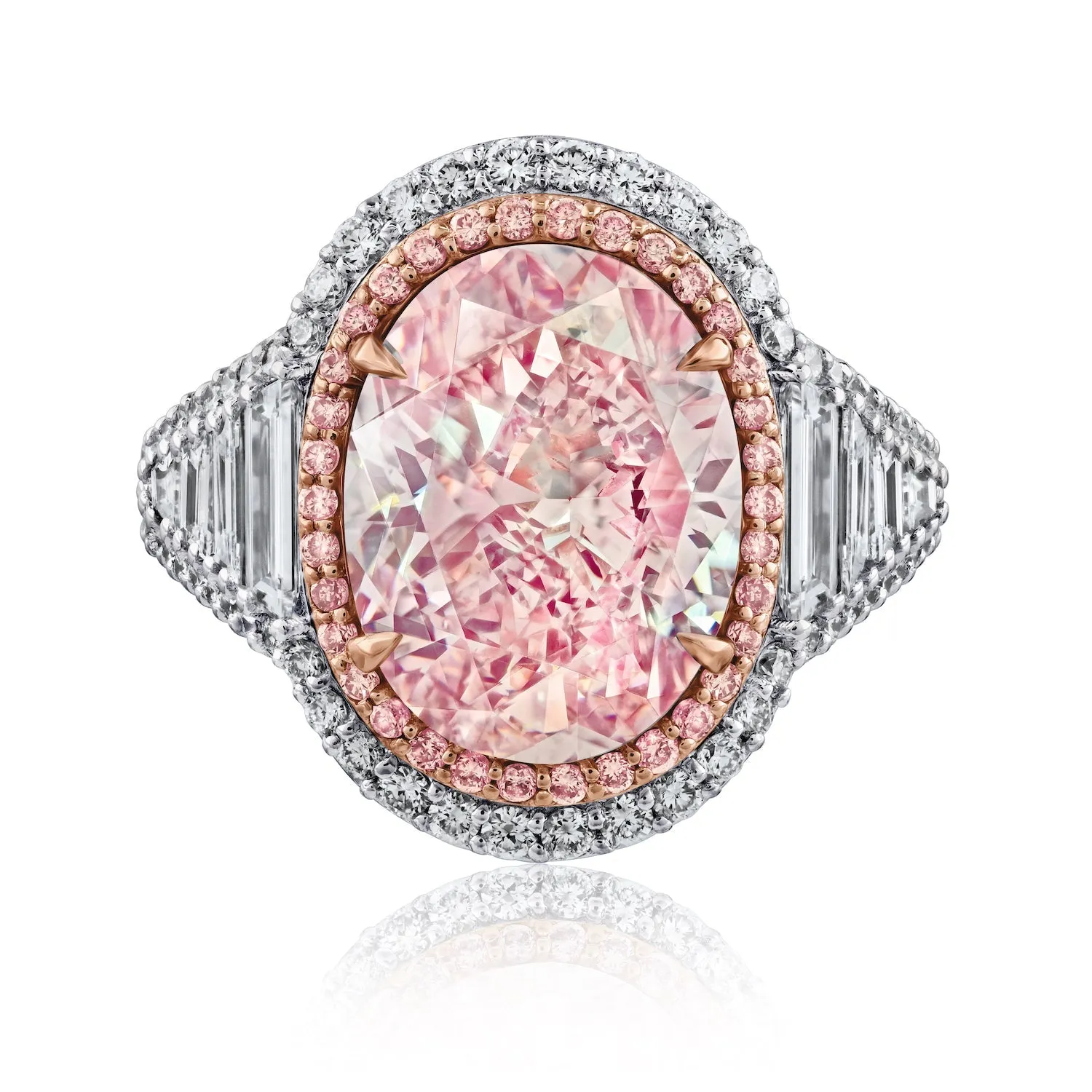 Fancy Pink Oval Cut Diamond Ring with Tapered Baguettes, 5 CT