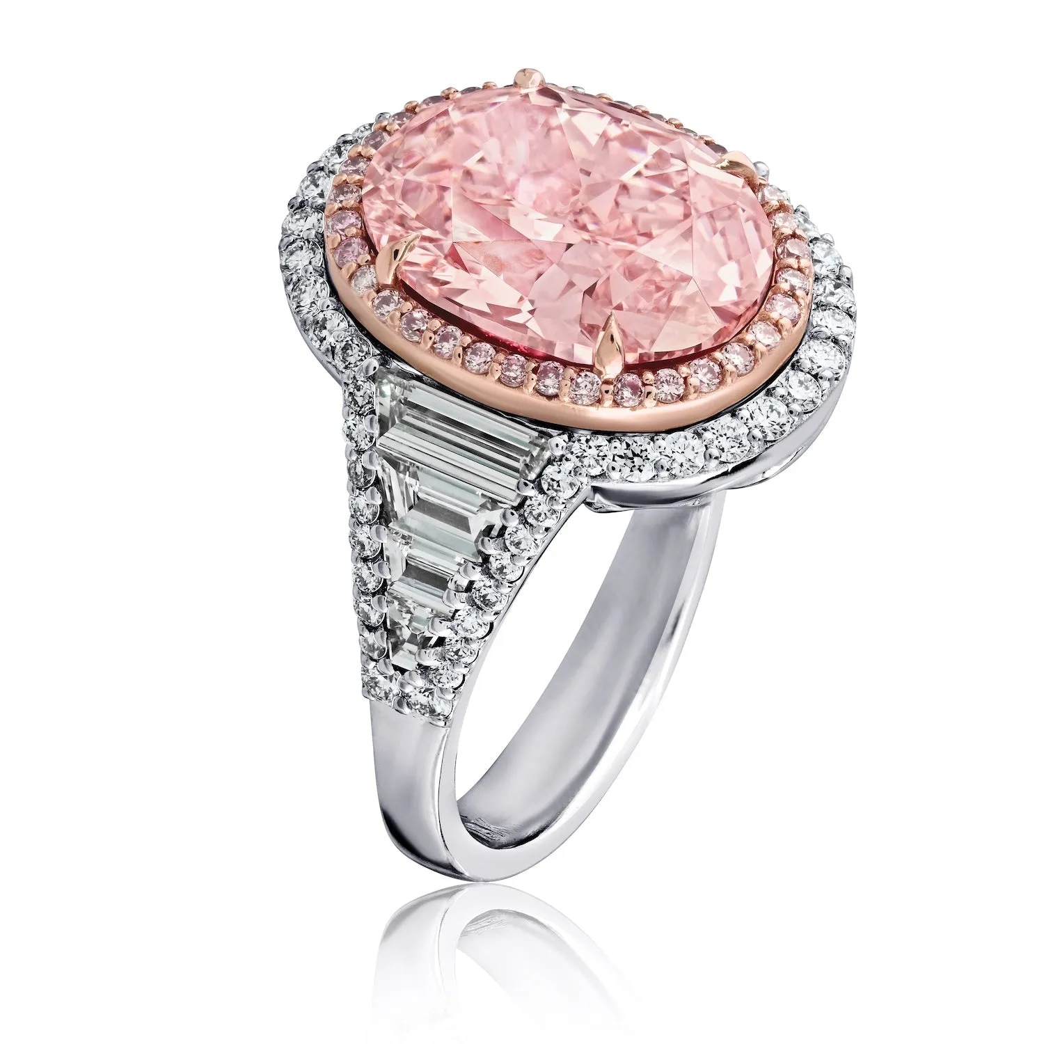 Fancy Pink Oval Cut Diamond Ring with Tapered Baguettes, 5 CT