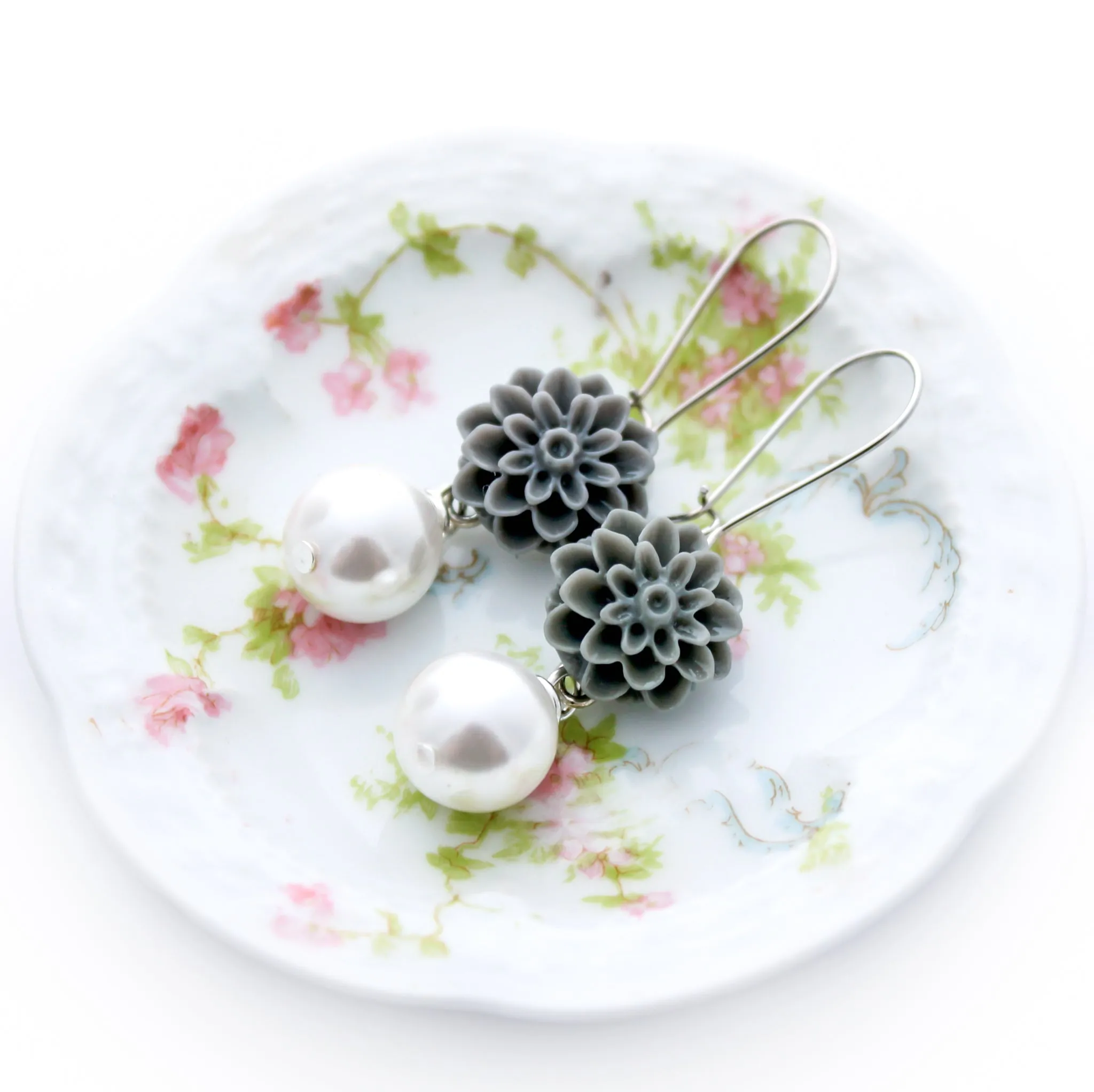 Flower Earrings, Gray and Pearl