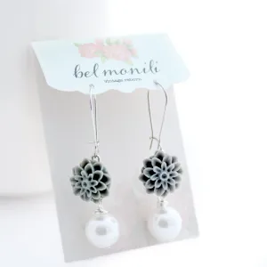 Flower Earrings, Gray and Pearl