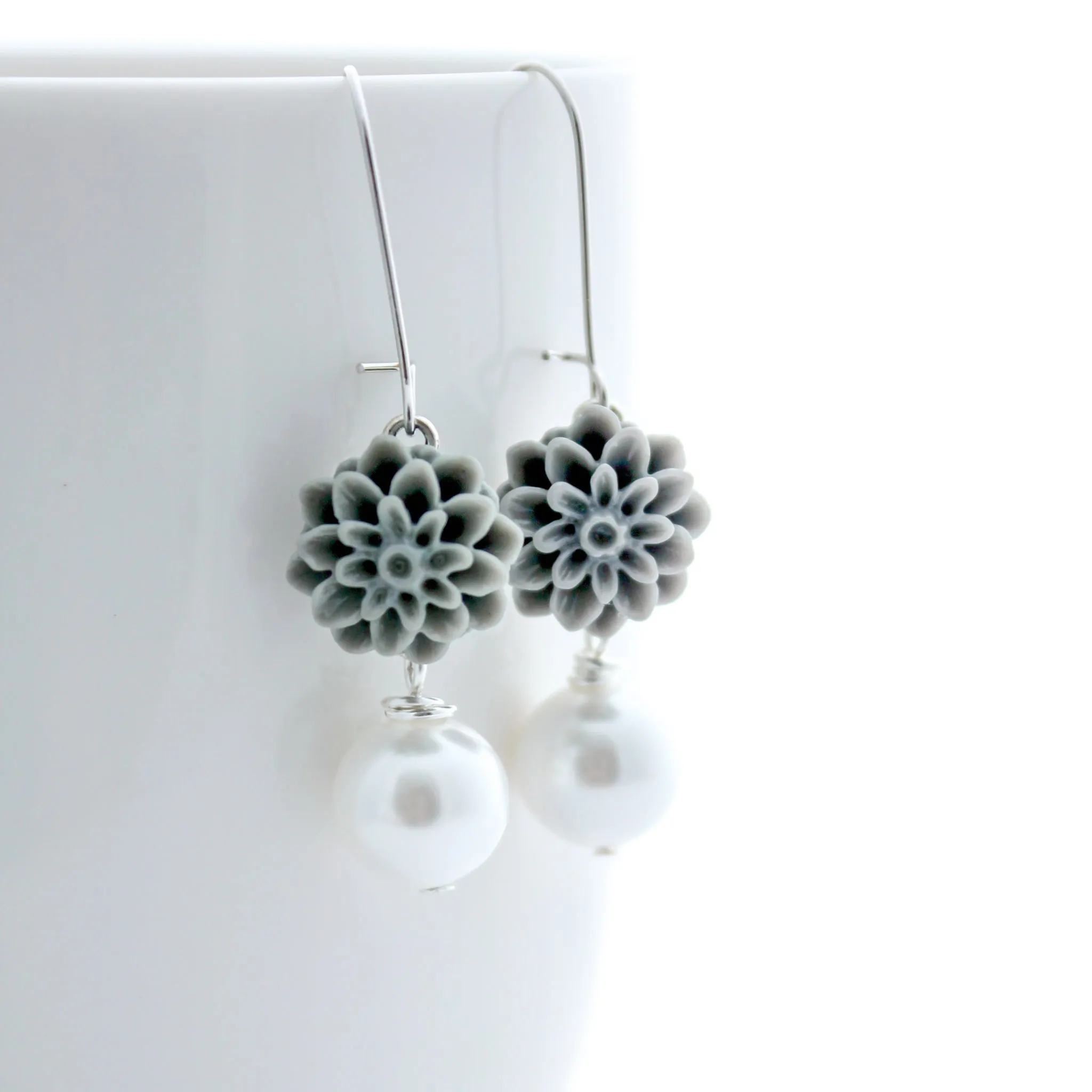 Flower Earrings, Gray and Pearl