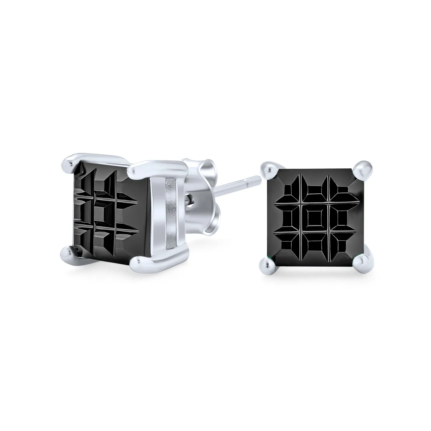 Geometric Black Square Princess Cut CZ Stud Earrings for Men in Sterling Silver