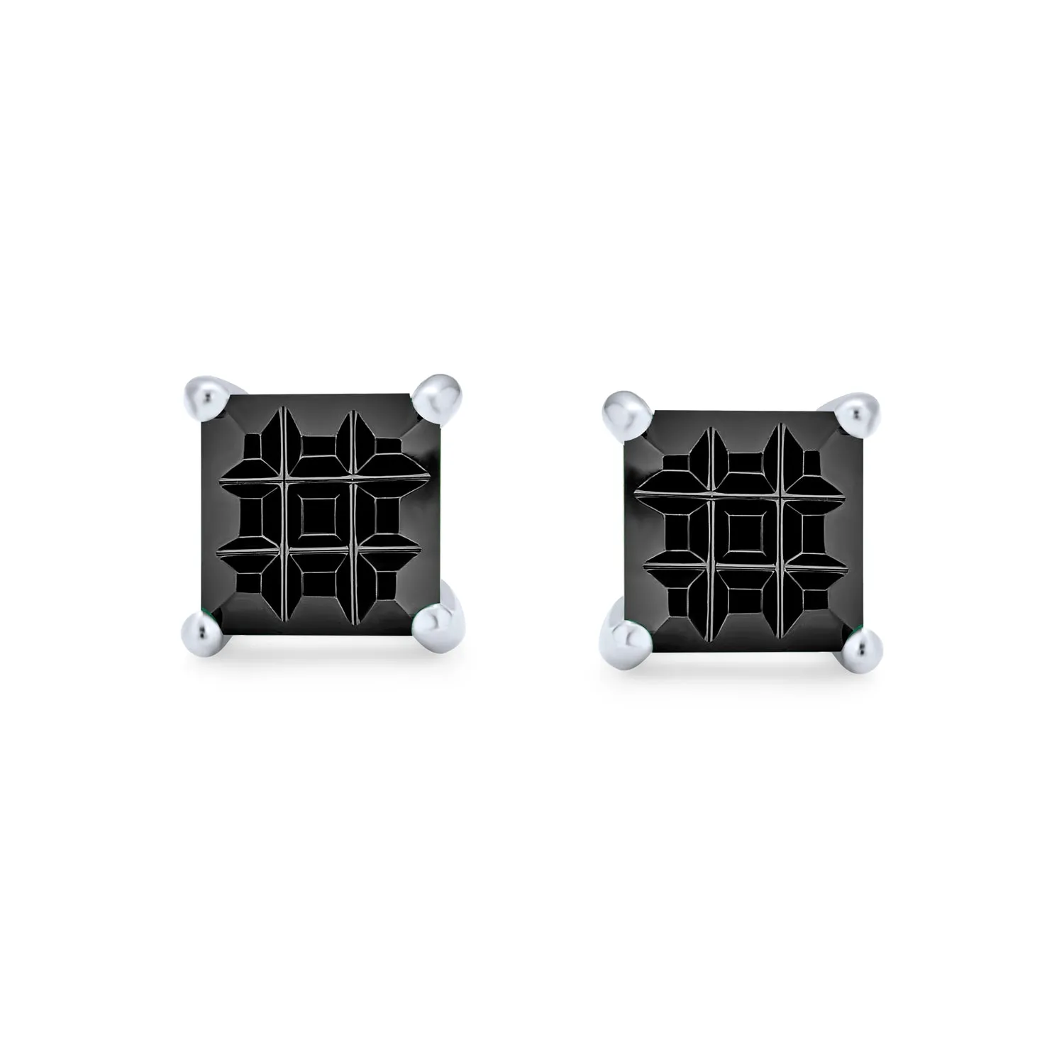 Geometric Black Square Princess Cut CZ Stud Earrings for Men in Sterling Silver