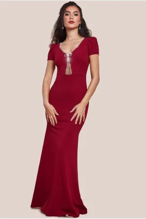 Goddiva Diamante Embellished Bow Scuba Crepe Maxi Dress - Wine