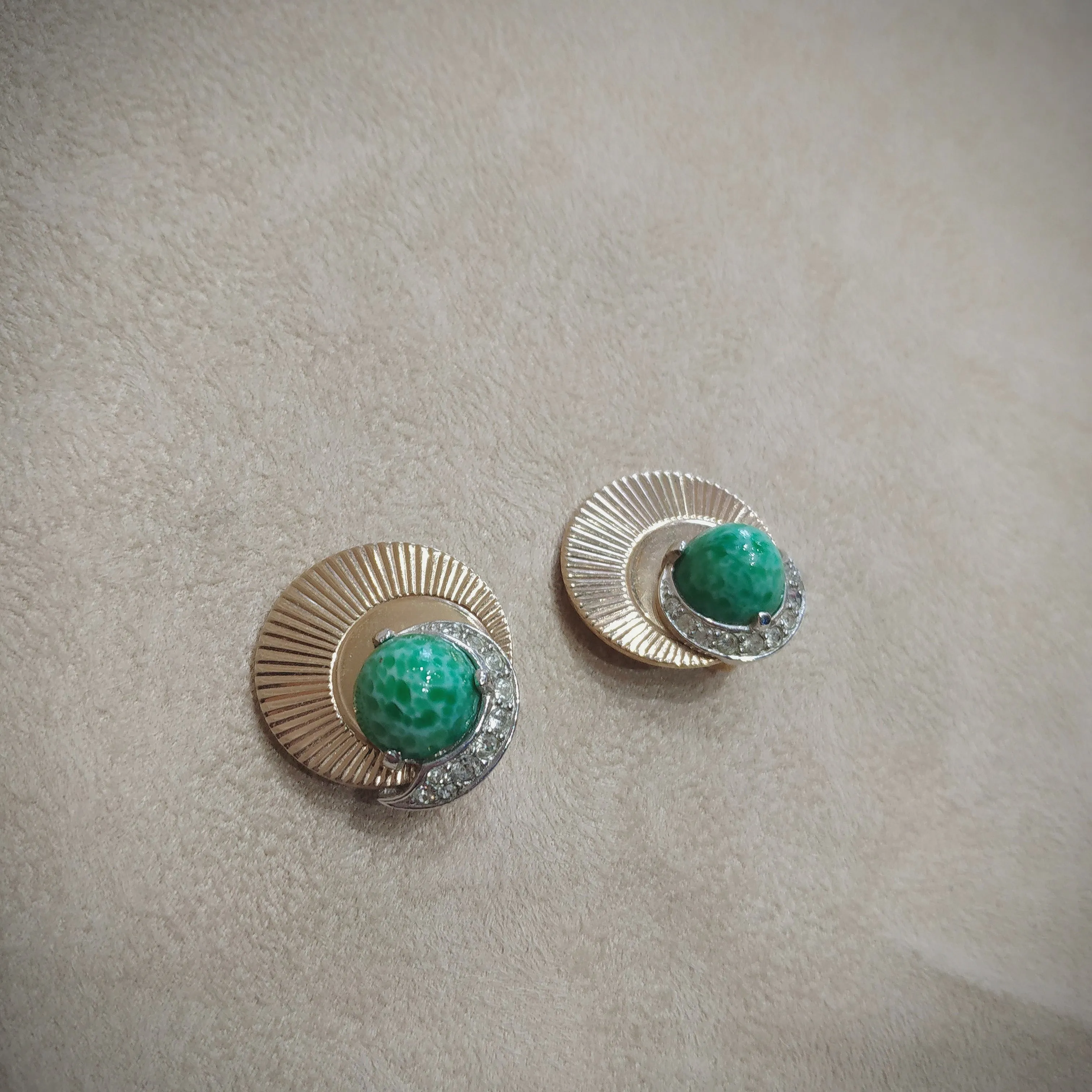 Gold Fan Vintage green jase glass earrings by Boucher