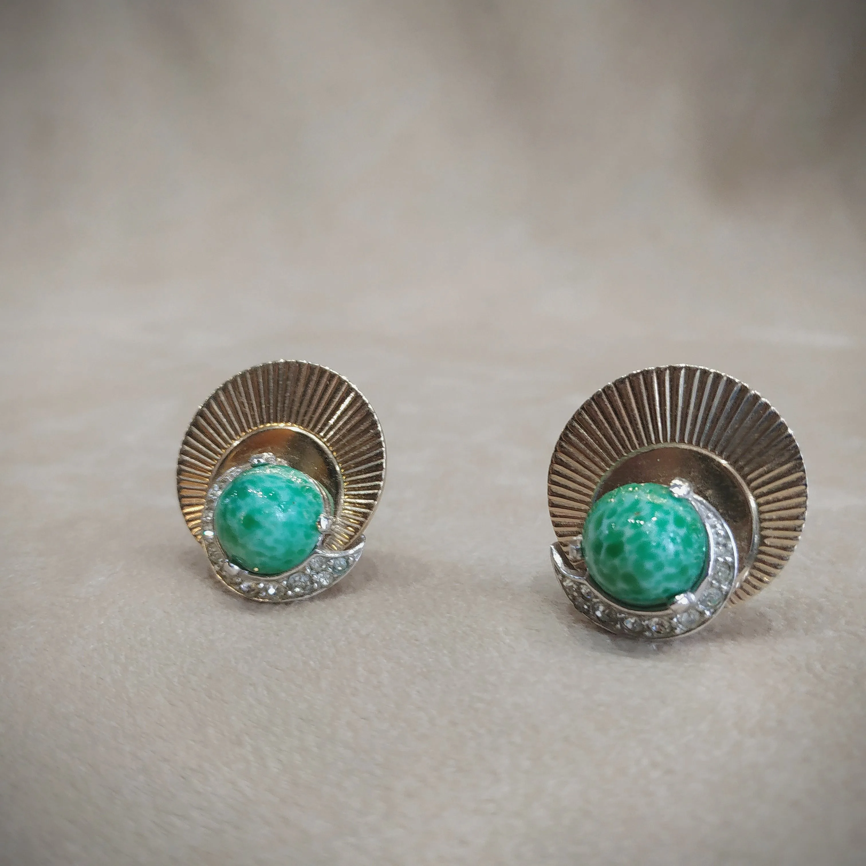 Gold Fan Vintage green jase glass earrings by Boucher