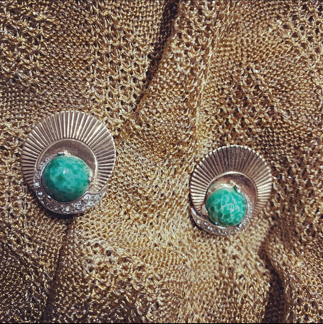 Gold Fan Vintage green jase glass earrings by Boucher