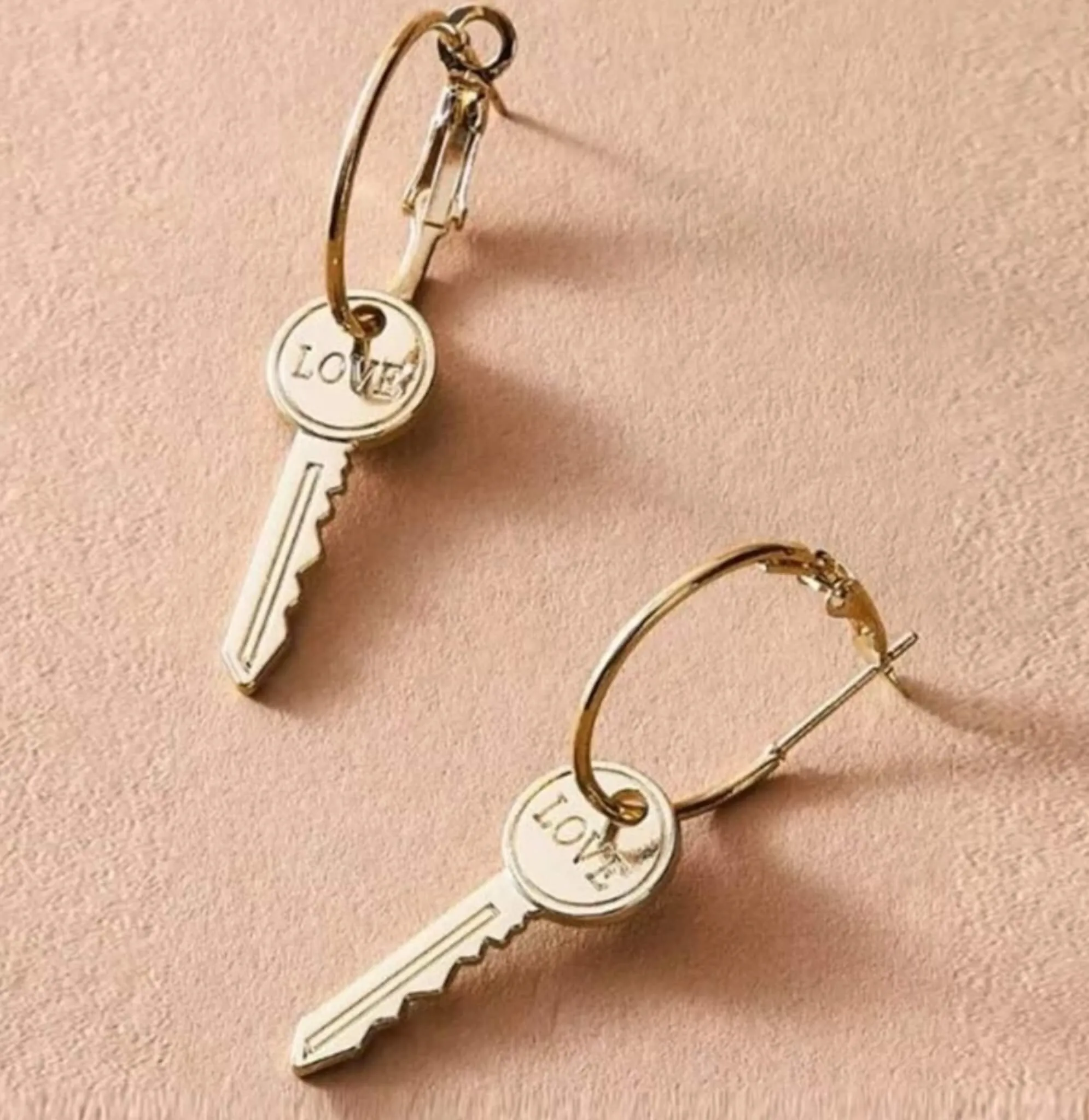 Gold LOVE Keys Dangle Hoop Earrings