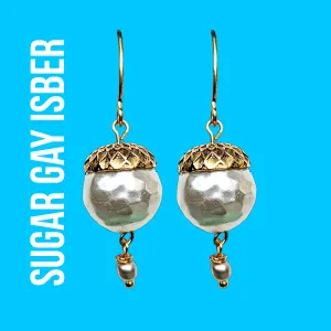 Gold Plated US made Acorn Caps on Vintage Pearls Earrings USA Made Hooks Sugar Gay Isber 1.75 inches