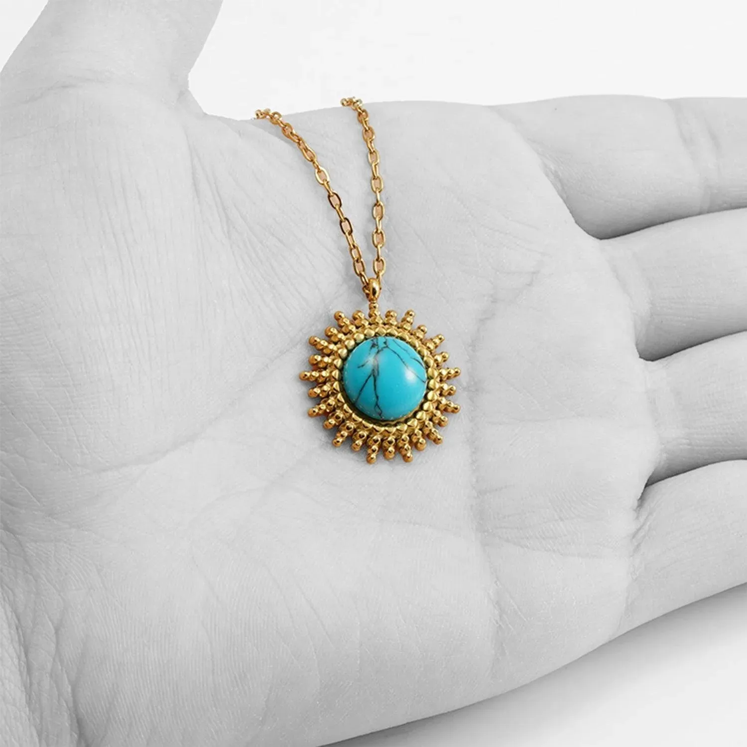 Gold Turquoise Sunburst Necklace - Trendy Bohemian Statement Jewelry for Women