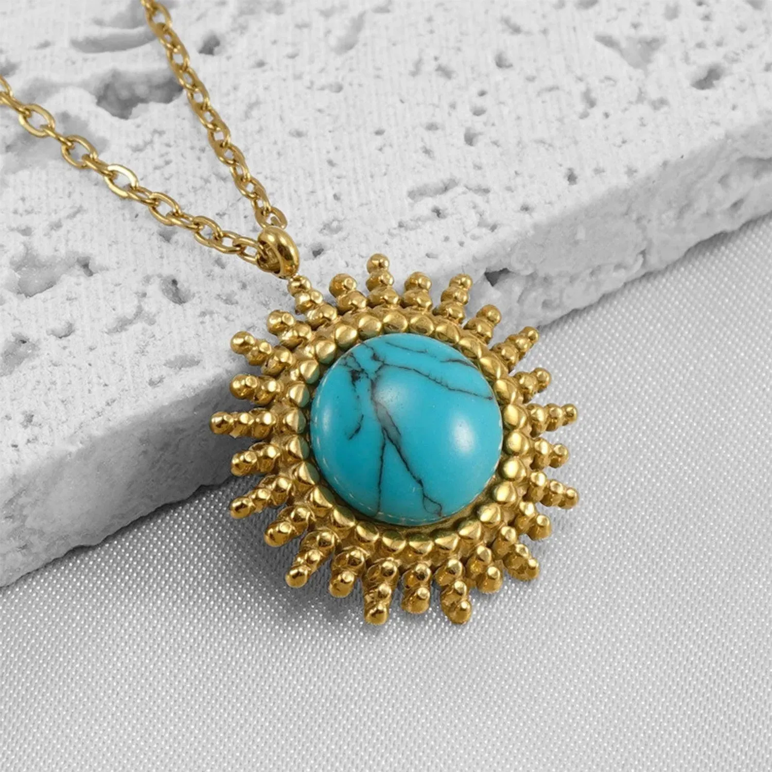 Gold Turquoise Sunburst Necklace - Trendy Bohemian Statement Jewelry for Women