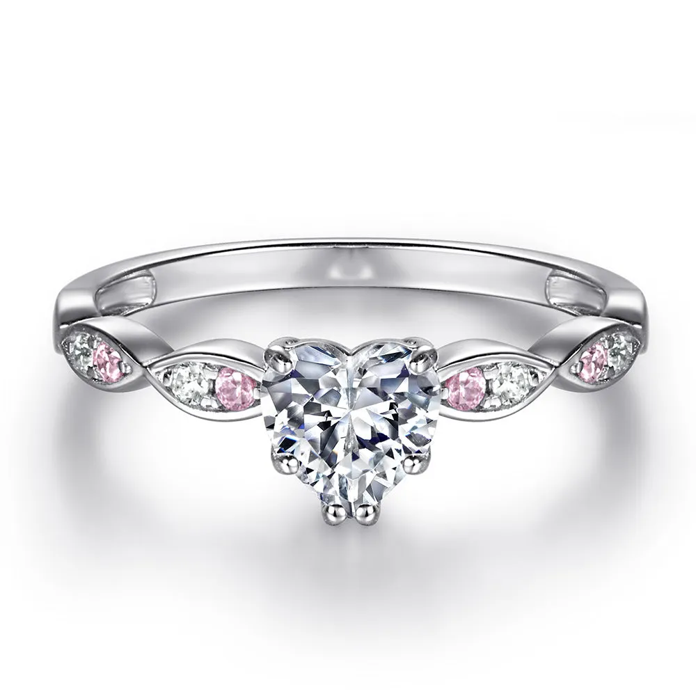 Heart-shape Zircon with Pink Zircon Waves Silver Ring Set for Women