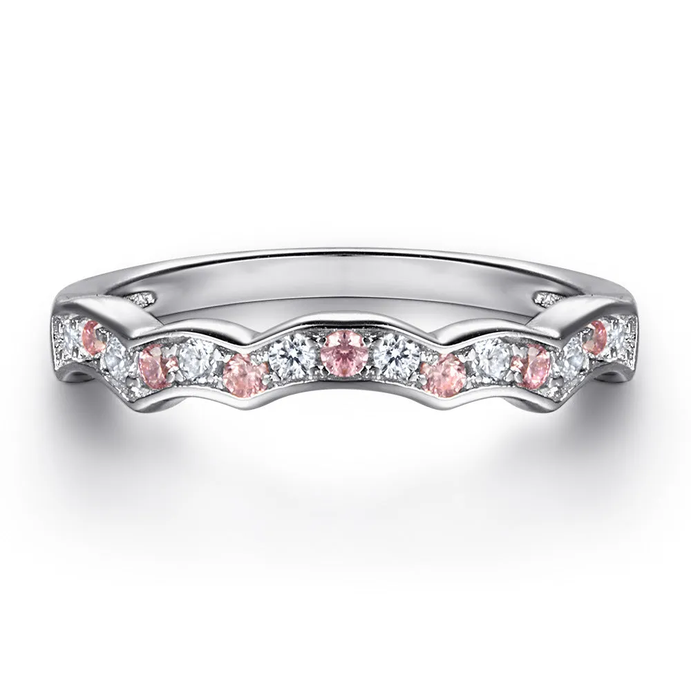 Heart-shape Zircon with Pink Zircon Waves Silver Ring Set for Women