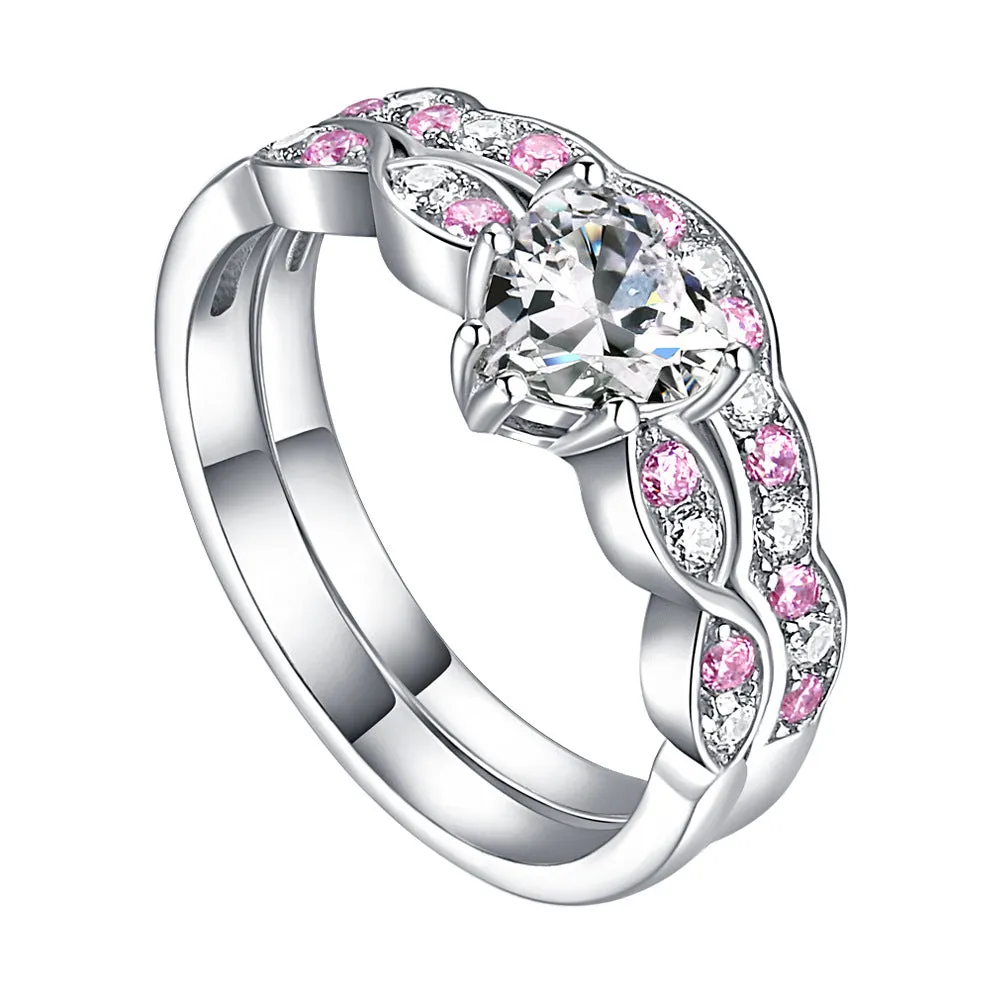 Heart-shape Zircon with Pink Zircon Waves Silver Ring Set for Women