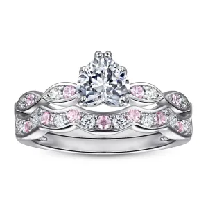 Heart-shape Zircon with Pink Zircon Waves Silver Ring Set for Women