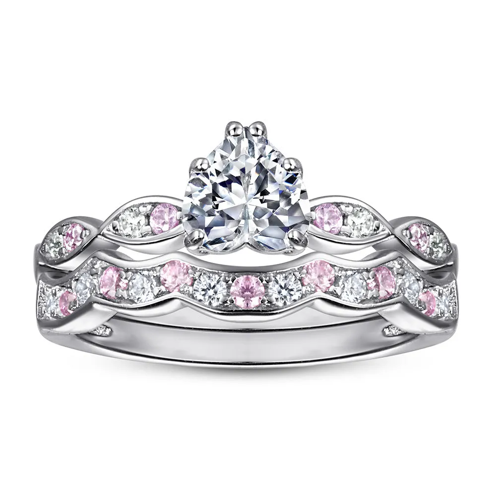 Heart-shape Zircon with Pink Zircon Waves Silver Ring Set for Women