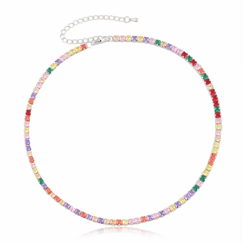 Hot Selling Tennis Chain Rainbow Necklaces Gold filled Fashion Colorful Rainbow CZ Chocker Necklace For Women Femme Jewelry New