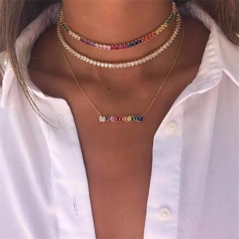 Hot Selling Tennis Chain Rainbow Necklaces Gold filled Fashion Colorful Rainbow CZ Chocker Necklace For Women Femme Jewelry New