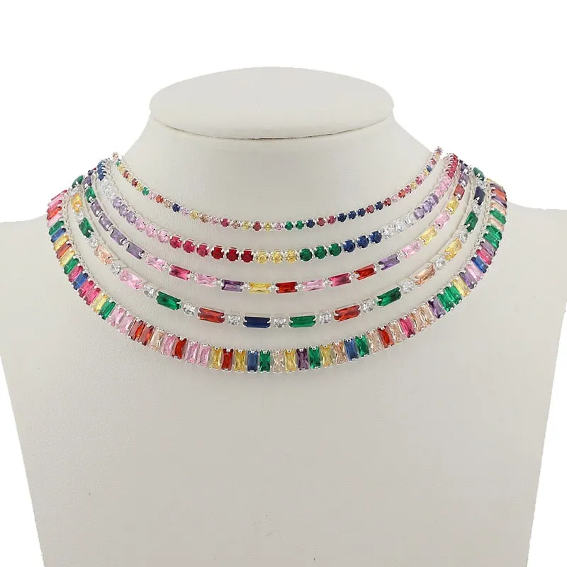 Hot Selling Tennis Chain Rainbow Necklaces Gold filled Fashion Colorful Rainbow CZ Chocker Necklace For Women Femme Jewelry New