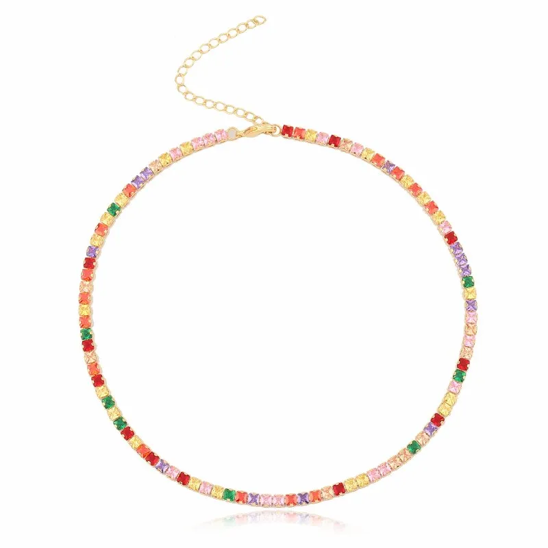 Hot Selling Tennis Chain Rainbow Necklaces Gold filled Fashion Colorful Rainbow CZ Chocker Necklace For Women Femme Jewelry New