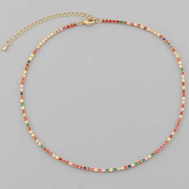 Hot Selling Tennis Chain Rainbow Necklaces Gold filled Fashion Colorful Rainbow CZ Chocker Necklace For Women Femme Jewelry New