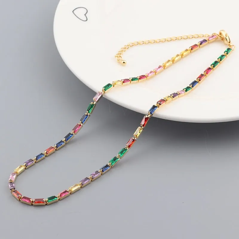 Hot Selling Tennis Chain Rainbow Necklaces Gold filled Fashion Colorful Rainbow CZ Chocker Necklace For Women Femme Jewelry New