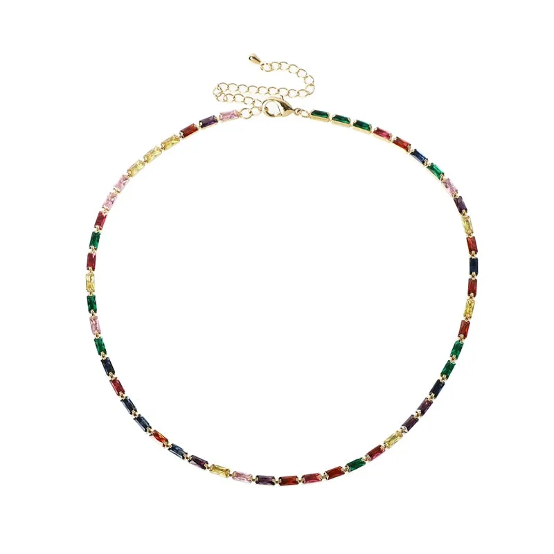 Hot Selling Tennis Chain Rainbow Necklaces Gold filled Fashion Colorful Rainbow CZ Chocker Necklace For Women Femme Jewelry New