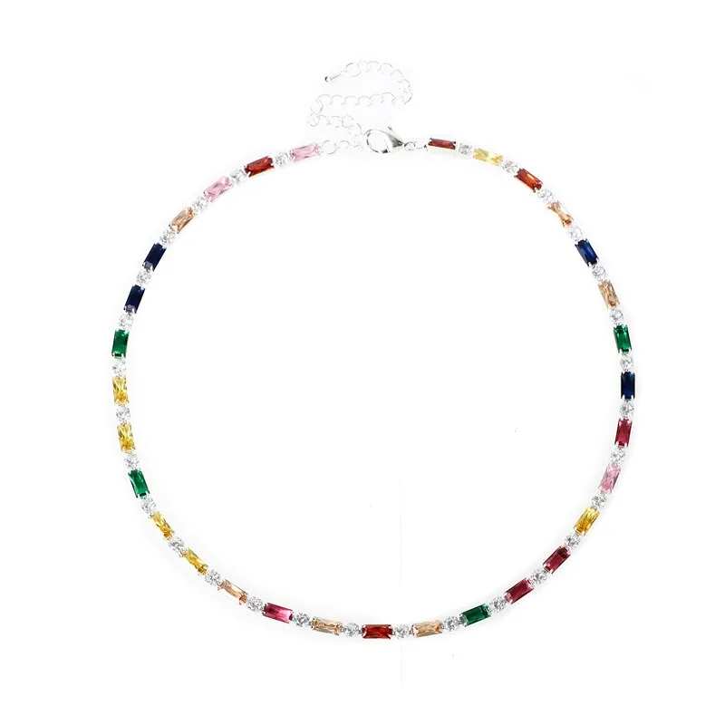 Hot Selling Tennis Chain Rainbow Necklaces Gold filled Fashion Colorful Rainbow CZ Chocker Necklace For Women Femme Jewelry New