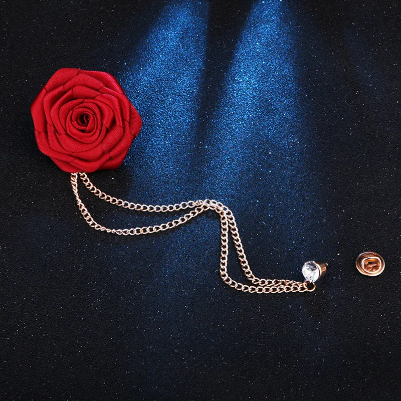 Korean Style Wedding Handmade Rose Flower Brooch Pin With Tassel Chain for Groom