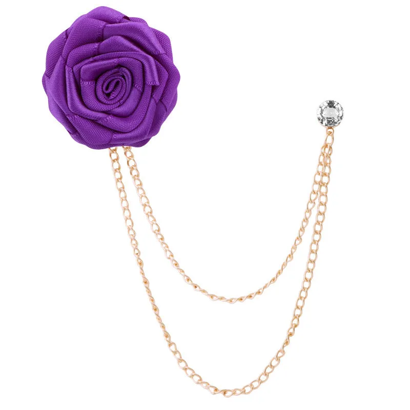 Korean Style Wedding Handmade Rose Flower Brooch Pin With Tassel Chain for Groom