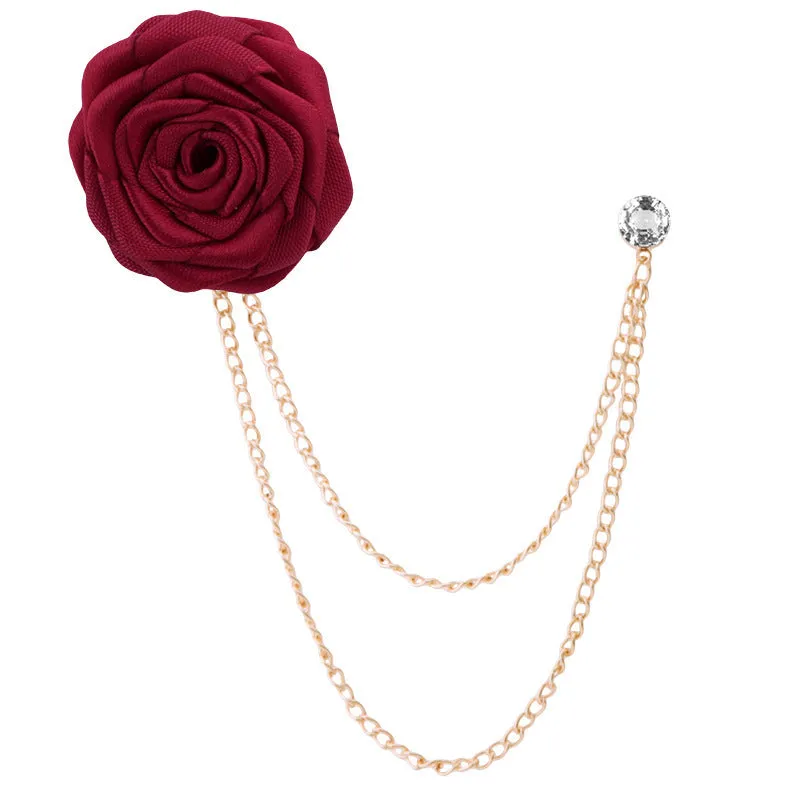 Korean Style Wedding Handmade Rose Flower Brooch Pin With Tassel Chain for Groom