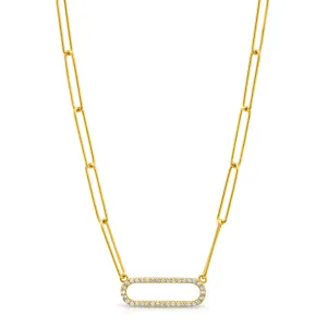 LONG PAPERCLIP NECKLACE W/ SINGLE CZ LINK, GOLD