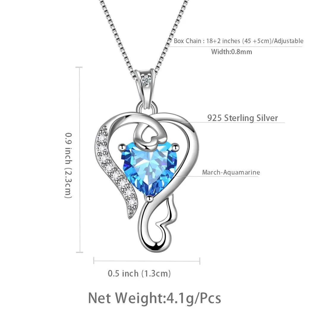 Love Heart Birthstone March Aquamarine Necklace Pendant Women Girls Jewelry Birthday Gift