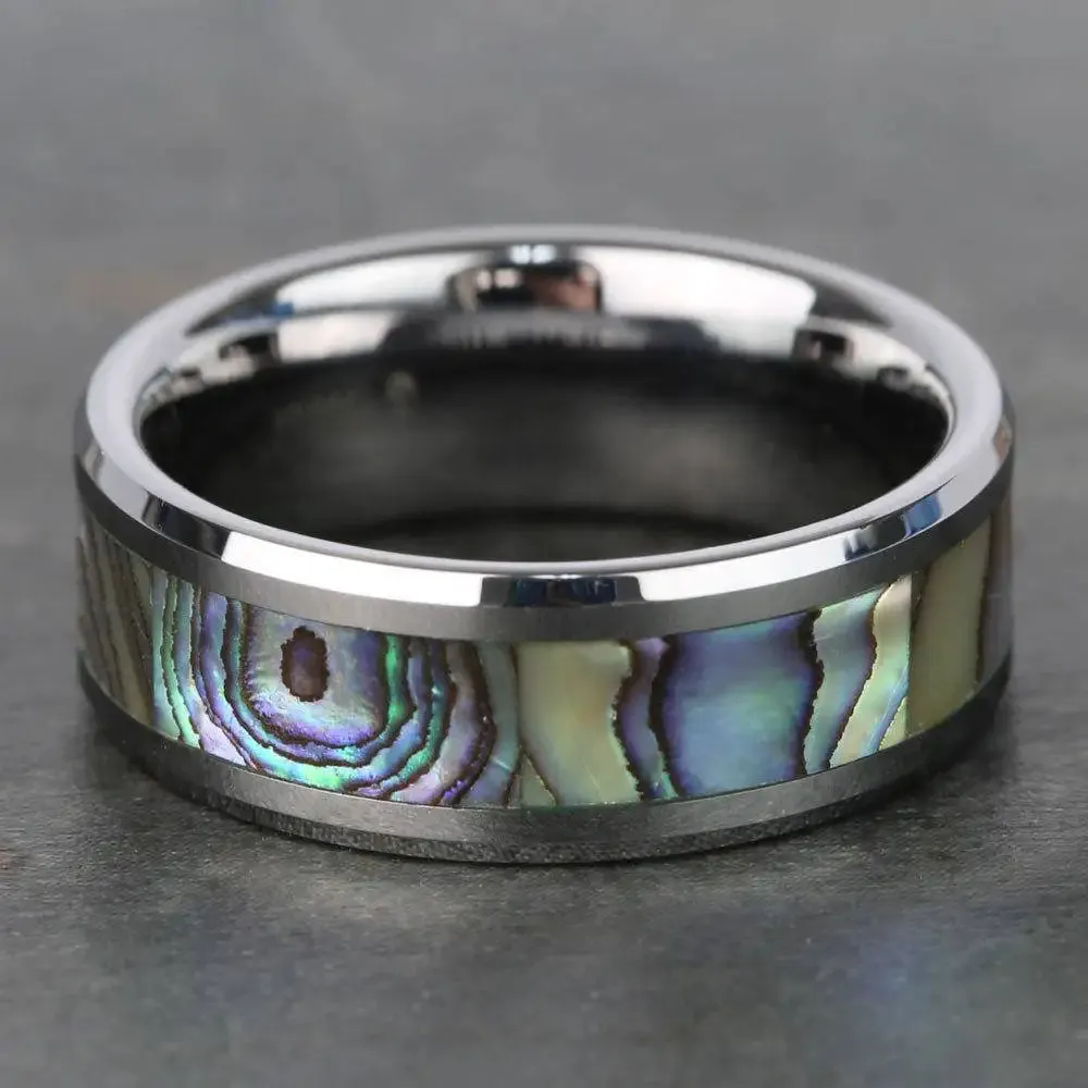 Men's Wide 8mm Tungsten Mother of Pearl Abalone Shell Ring Band Silver Tone Comfort Fit Wedding