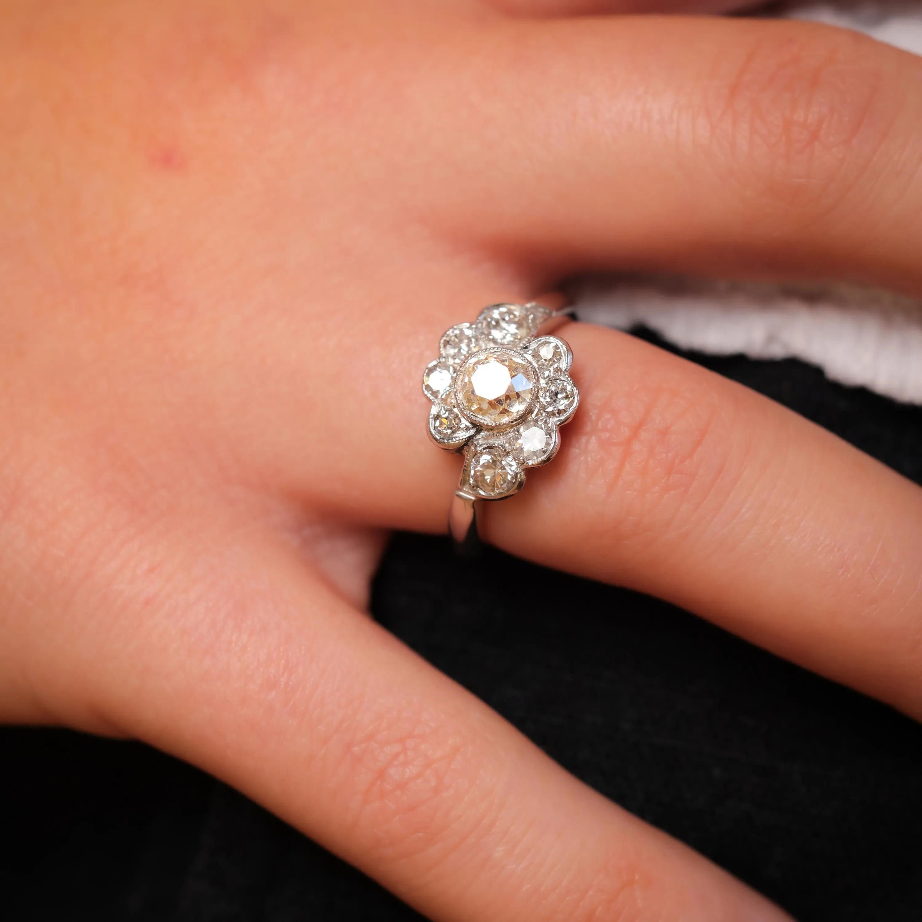 Mid Century .99 carat diamond platinum flower cluster ring