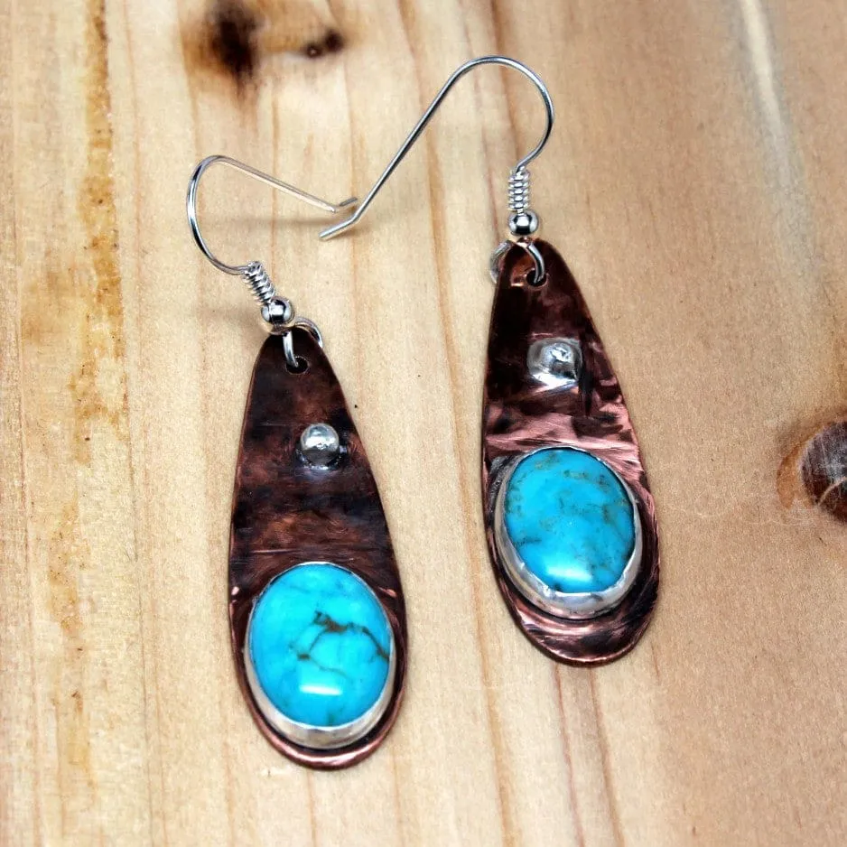 Mixed Metal Copper and Argentium Teardrop Earrings with Turquoise Accents