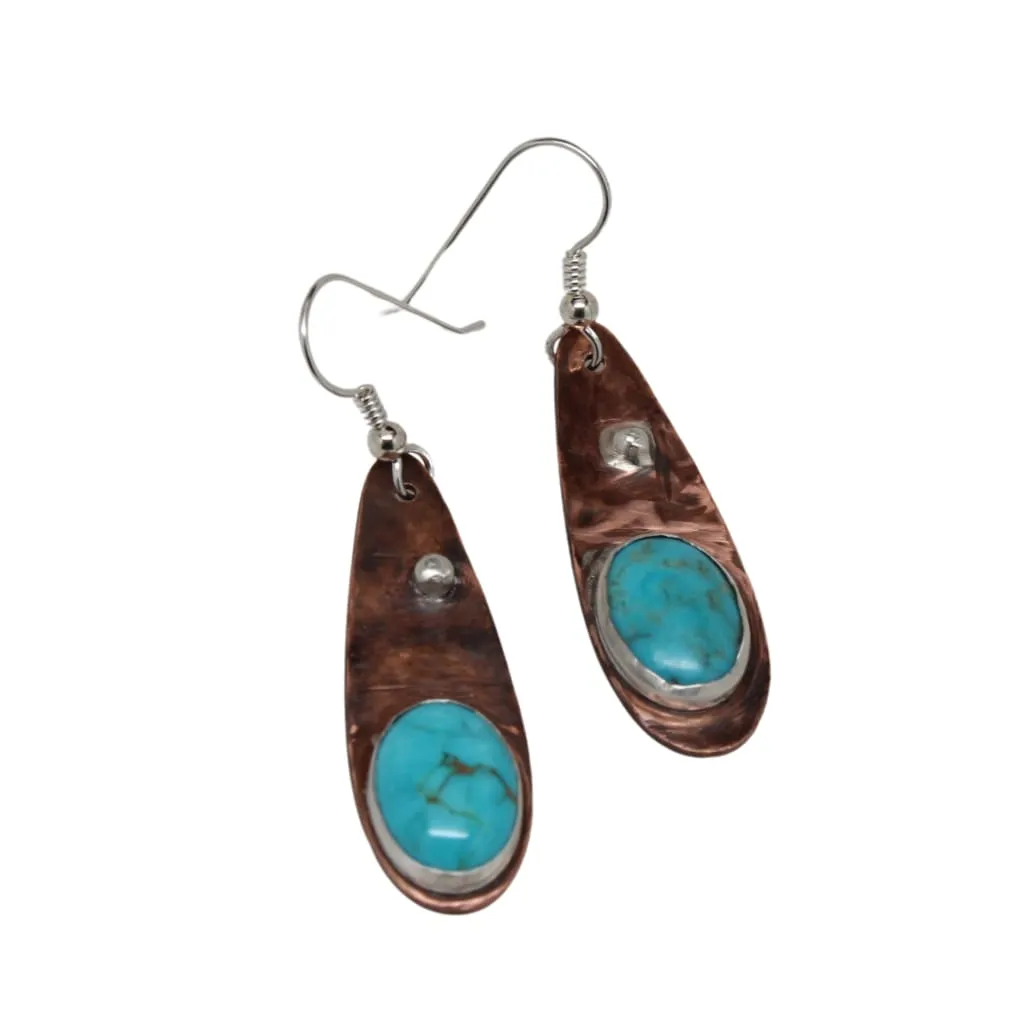 Mixed Metal Copper and Argentium Teardrop Earrings with Turquoise Accents