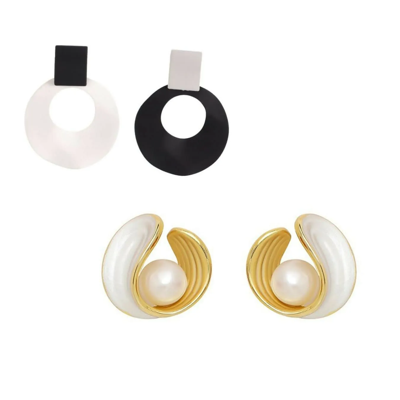 Modern Minimalist Hoop & Artistic Pearl Wave Earrings Set – Black & White Circle and Gold Pearl Swirl Design