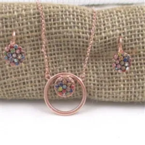 Multi-colored Rhinestone & Rose Gold Pendant Necklace & Earrings